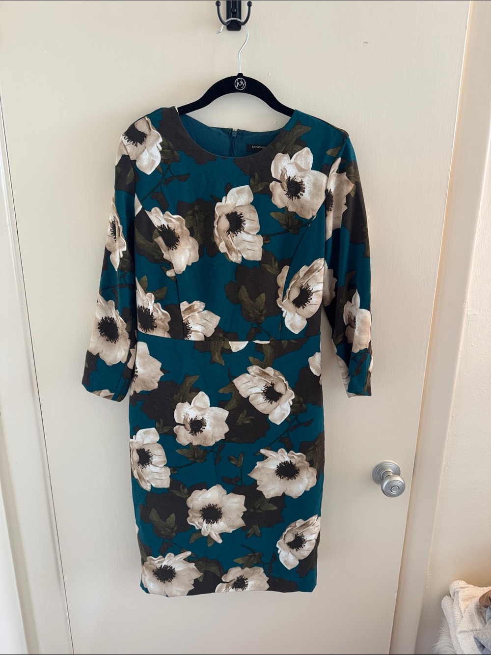 Banana Republic Teal Floral Long-Sleeve Sheath Dress